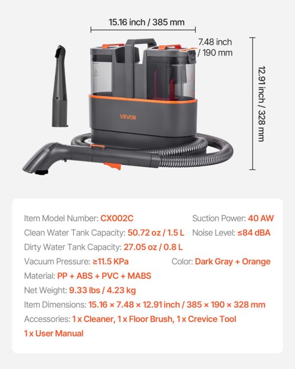 Portable Carpet Cleaner Machine Dual-Water Tank 11.5Kpa Upholstery Cleaner - Image 3
