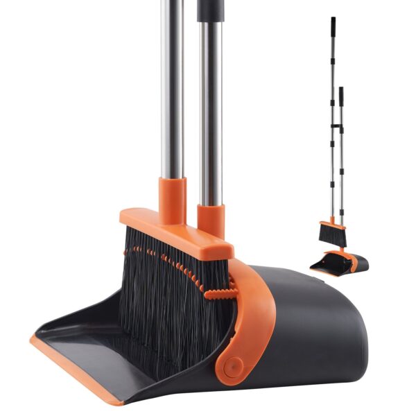 Broom And Dustpan Set, Heavy Duty Dustpan And Broom Combo With Self-Cleaning Teeth, Metal Upright Standing Dust Pan With Long Handle, Ideal For Home, Restaurant, Office, Dorm, Black Orange - Image 4