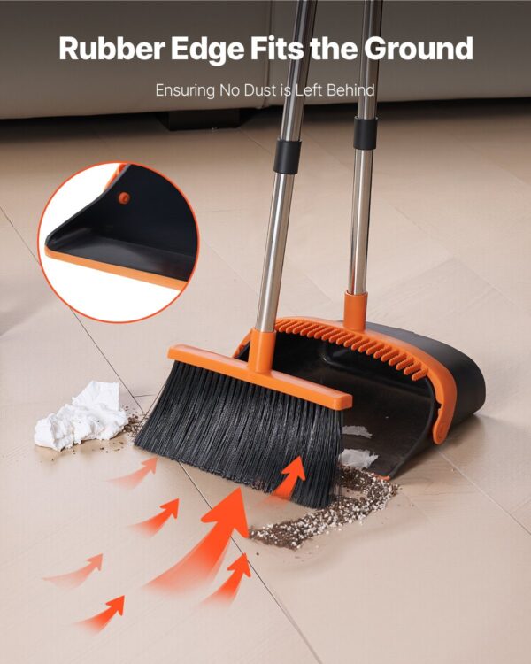 Broom And Dustpan Set, Heavy Duty Dustpan And Broom Combo With Self-Cleaning Teeth, Metal Upright Standing Dust Pan With Long Handle, Ideal For Home, Restaurant, Office, Dorm, Black Orange - Image 2
